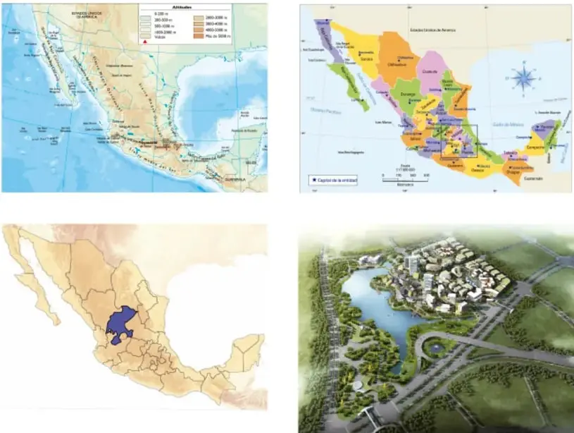 Mapa de relieve de México con escala de altitudes y nombres de ciudades.