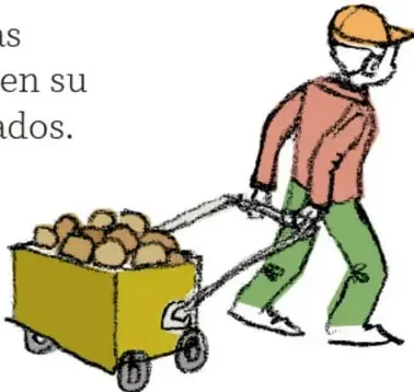Ilustración de un trabajador con casco amarillo empujando una carretilla verde con dos ruedas, cargada de piedras o terrones de tierra.