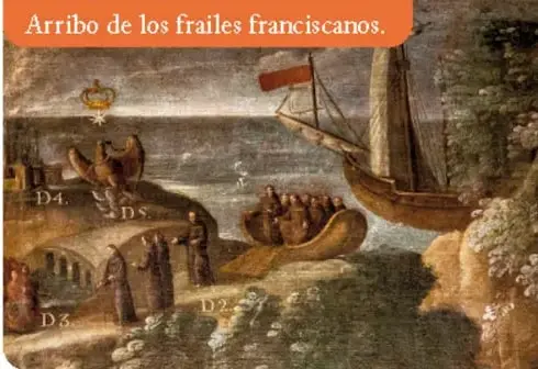 Pintura que representa el arribo de los frailes franciscanos a las costas de Nueva España.
