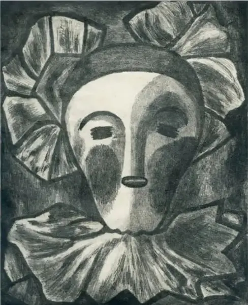 Obra Cabeza de muñeca (1954): rostro estilizado de una muñeca con gola o cuello de encaje, dibujado en tonos grises.