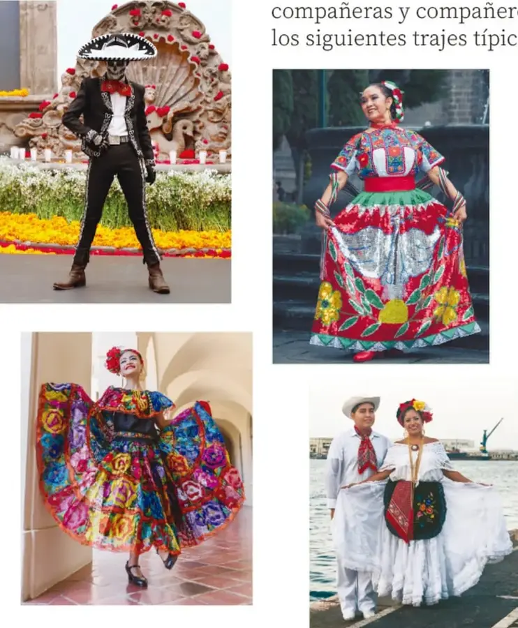 Hombre disfrazado de catrín o charro con sombrero mexicano, traje negro con botones plateados y paliacate rojo, frente a un altar con flores de cempasúchil.