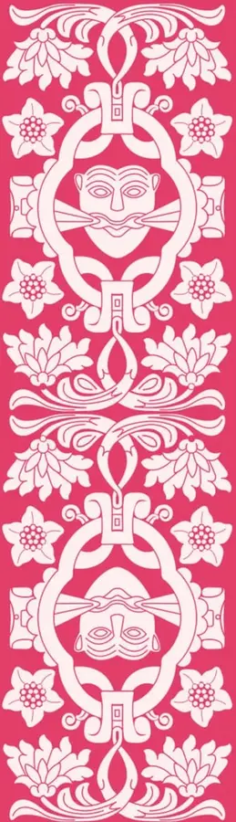 Ilustración decorativa vertical en color rosa con motivos florales y rostros prehispánicos estilizados, propia de la Colección Nanahuatzin.
