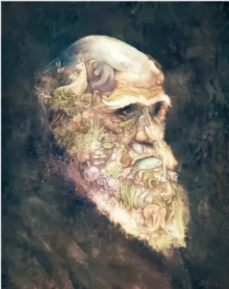 Pintura artística del rostro de Darwin anciano, cuya barba y cabeza se componen de formas de plantas, animales y criaturas, evocando la diversidad de la vida.