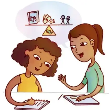 Ilustración de dos estudiantes trabajando juntas con cuadernos; sobre ellas, un pensamiento con símbolos de ley (pergamino), una representación de balance entre poderes y figuras de personas, que aluden al Estado de derecho y a la convivencia democrática. Crédito: Karina Erika Pérez Olmos, MIXDE A/V.