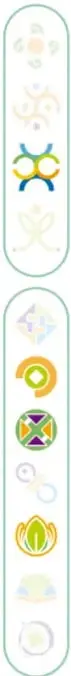 Columna vertical con íconos de proyectos: símbolos de comunidad, juego, naturaleza y aprendizaje, que identifican los distintos proyectos del libro.