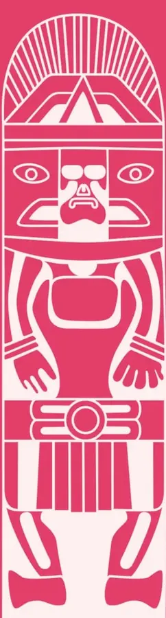 Ilustración estilizada en color rosa mexicano y blanco de una figura antropomorfa de inspiración prehispánica, con tocado radiado, rostro con ojos circulares, brazos flexionados y falda con franjas verticales. Ocupa toda la altura de la página.