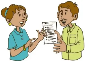 Dos personas conversando frente a frente, una sostiene un documento: Situaciones cotidianas y formas de interacción.
