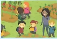 Ilustración de una escuela con diferentes espacios, como bar, dirección, patio y laboratorio. Algunas áreas aparecen señaladas con recuadros en blanco.