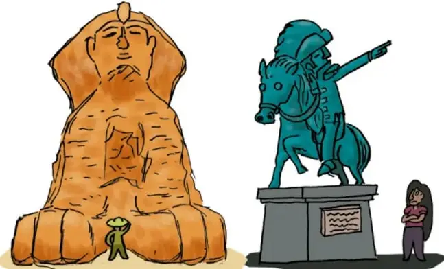 Ilustración de la Esfinge de Guiza (antiguo Egipto) junto a una estatua ecuestre moderna, con personajes observándolas; crédito a Julio César Banda Tecalco, Veracruz.