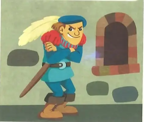 Ilustración de un príncipe vestido de azul, con espada, frente a una construcción de piedra.