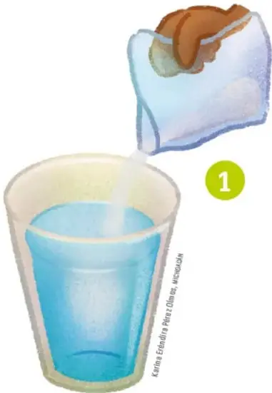Ilustración de un vaso con agua y una bolsa con chocolate siendo vaciada, con el número 1.