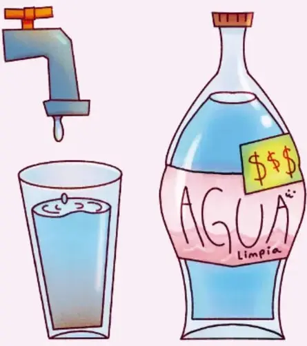 Ilustración de una llave de agua goteando sobre un vaso y una botella de agua con la etiqueta "AGUA Limpia" y tres signos de peso ($$$), sobre fondo rosa.