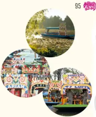 Tres fotografías circulares que muestran un canal con trajinera, un mercado colorido y un paseo en trajinera en Xochimilco.