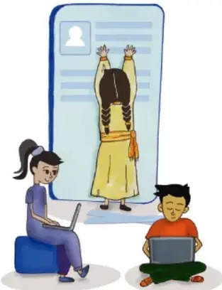 Ilustración de tres estudiantes: dos sentados con laptops y uno observando una pantalla con un perfil, junto al texto sobre difundir material en redes sociales.