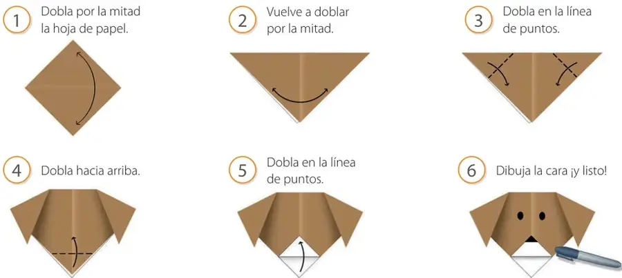 Seis recuadros numerados del 1 al 6 con el paso a paso del origami de un perro, cada uno con flechas que indican la dirección del doblez.