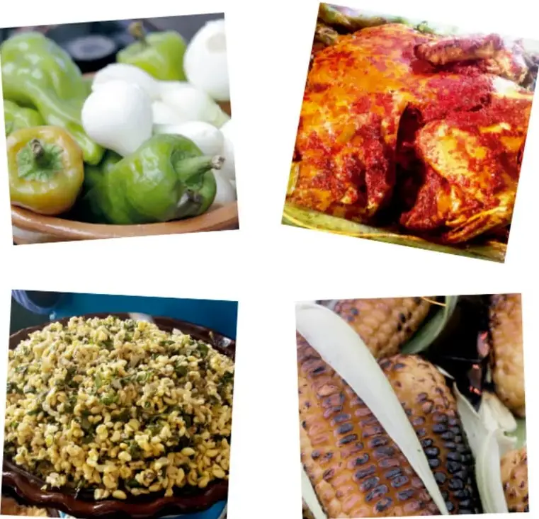 Chiles verdes y cebollas blancas en un plato de barro.