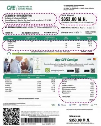 Recibo de luz de la CFE con secciones marcadas en morado (datos del cliente, periodo, consumo y total a pagar $353.00 M.N.) y anuncio de la app CFE Contigo con código QR.