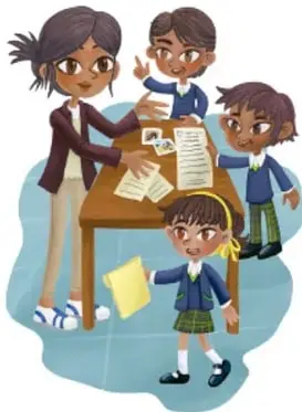 Ilustración de cuatro estudiantes en el aula revisando papeles y trabajando juntos alrededor de un escritorio.