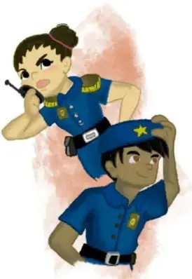 Ilustración de una mujer policía con radio y un hombre policía ajustándose la gorra, ambos con uniforme azul. Crédito: Daniela Estrello Montero y Citlali González Tapia, Ciudad de México.