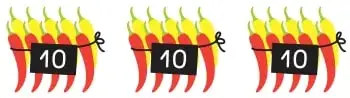 Cuatro atados de ajíes con 10 en la primera fila y tres en la segunda; recuadros vacíos para decenas, total y nombre.