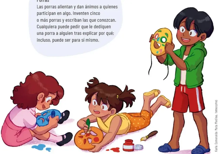 Tres niños elaboran máscaras de cartón para el juego de caras y gestos: una niña pinta una máscara azul, otra recostada decora una naranja con pintura roja y un niño de sudadera verde sostiene una máscara amarilla con cara feliz. Crédito: Karla Esmeralda Mata Medina, TAMALLIPS.