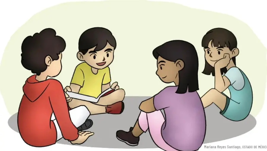 Ilustración de cuatro estudiantes sentados en círculo sobre el piso; uno sostiene un libro abierto y los demás escuchan y conversan. Crédito: Mariana Reyes Santiago, Estado de México.