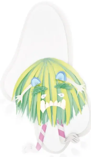 Monstruo hecho con hilos de estambre verde y amarillo en forma de crin, con ojos azules, cejas pobladas, dientes blancos y piernas a rayas rosa y blanco; técnica de estambre y fibra, con el crédito "Paola Ivonne Cruz Vázquez, estado de México".
