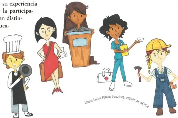 Ilustración de cinco mujeres en distintas profesiones: cocinera, empresaria, oradora en tribuna, personal de salud y obrera con casco y martillo. Crédito: Laura Lilian Prieto González, Ciudad de México.