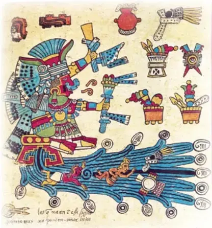 Códice o lámina ilustrada: deidad femenina con tocado azul y elementos dorados, garras azules en forma de serpientes y pequeños personajes alrededor; estilo de códice mexicano.