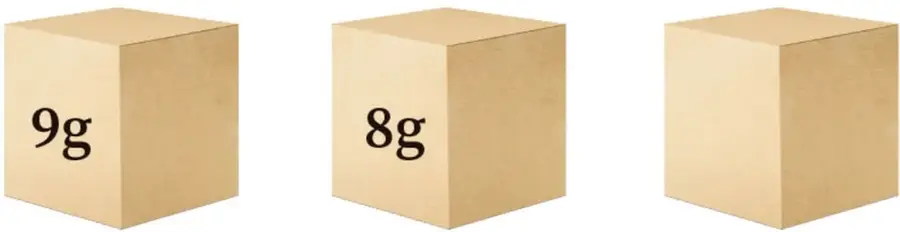 Seis pesas azules con sus valores: 1 g, 2 g, 3 g, 4 g, 5 g y 6 g.