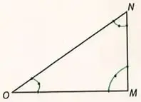 Triángulo OMN usado para practicar la notación geométrica de lados y ángulos.
