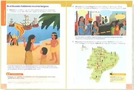 Doble página de entrada de bloque con una ilustración relacionada con la historia y la diversidad cultural del Ecuador, además de preguntas y un mapa.