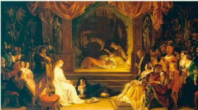 Ilustración de Daniel Maclise (1842): la sala de la corte con la puesta en escena de la obra dentro de la obra; público real y actores; escena del Acto 3, Escena 2.