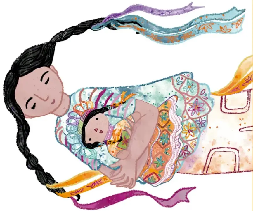 Ilustración de una mujer con trenza larga que abraza a un bebé; ambos usan ropa tradicional con bordados florales y geométricos de colores vivos.