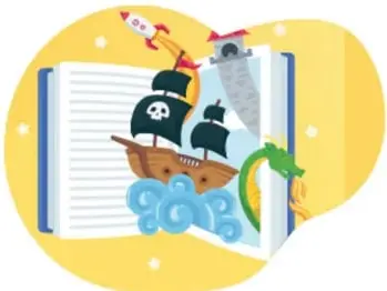 Ilustración de un libro abierto de donde salen un barco pirata con velas negras, un cohete y una serpiente verde, sobre un fondo amarillo.