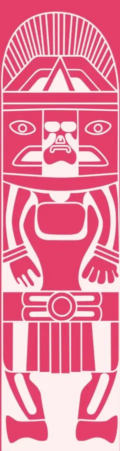 Ilustración estilizada de una figura prehispánica de piedra con tocado radiante, en color rosa/magenta sobre fondo del mismo tono.