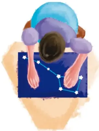 Ilustración vista cenital de una estudiante recostada observando un mapa estelar azul con constelaciones dibujadas; crédito: Germán Eduardo Colótic Sánchez Torres, Ciudad de México.