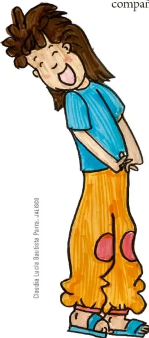 Ilustración de una niña con cabello castaño, playera azul y pantalón naranja, inclinada hacia adelante con expresión de risa.