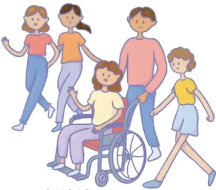Ilustración de cinco niñas y niños caminando juntos, uno de ellos en silla de ruedas, representando la inclusión y la diversidad. Crédito: Daniela Regis Rivas, AGUASCALIENTES.