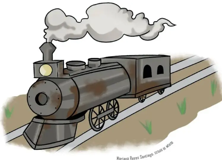 Ilustración de una locomotora de vapor gris con humo blanco saliendo de la chimenea, avanzando sobre vías férreas; a los lados hay pasto y tierra. Crédito: Mariana Reyes Santiago, Estudio de medios.