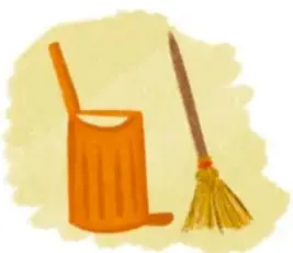 Ilustración de un bote de basura con escoba sobre fondo amarillo; ilustración de Ana María Hernández Hernández, Ciudad de México.