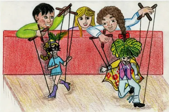 Ilustración de tres niños moviendo marionetas con varas y hilos sobre un escenario rojo; las marionetas visten disfraces coloridos. Crédito: Elizabeth Solís Balderas, Tlaxcala.