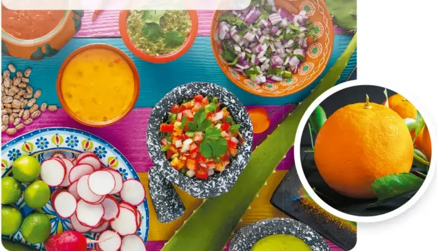 Mesa colorida con alimentos frescos: salsas en cazuelas, cebolla picada, rábanos, limones, semillas, cilantro y naranjas