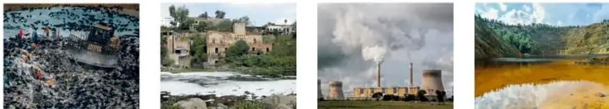Cuatro fotografías de contaminación: vertedero, río contaminado, chimeneas industriales con humo y lago con agua teñida.
