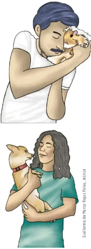 Ilustración de una mujer de cabello largo castaño oscuro con playera verde cargando con cariño a un perrito chihuahua café con collar rojo; de Guillermo de Marco Rojas Palos, Jalisco.
