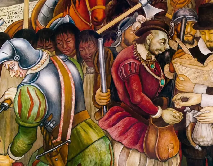 Fresco de Diego Rivera (1941) del Palacio Nacional: un conquistador en traje rojo recibe oro en la mano, rodeado de soldados con armadura, alabardas e indígenas sometidos, en un estilo muralista colorido.