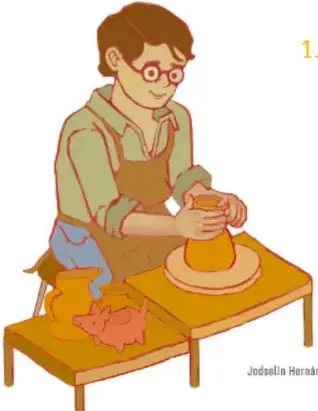 Ilustración de un joven con lentes y delantal trabajando un torno de alfarería, con piezas de barro sobre una mesa.