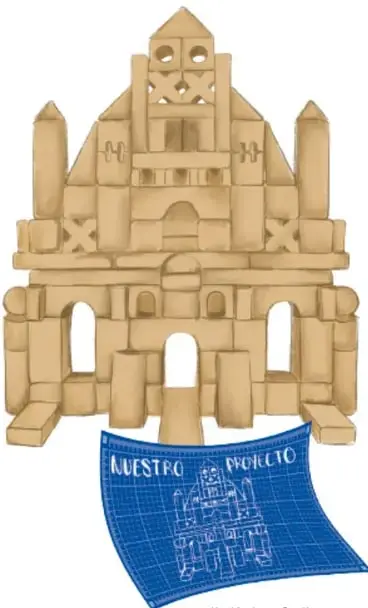 Fotografía de una maqueta construida en block amarillo con arcos y torres, con una tela azul estampada que dice "NUESTRO PROYECTO". Crédito: Maricán Luna Cuéllar, VERACRUZ.