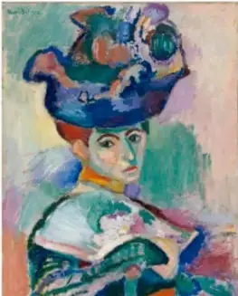 Retrato de una mujer con sombrero adornado, ejemplo de fauvismo con colores intensos y puros, probablemente de Henri Matisse.