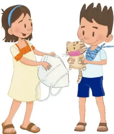 Ilustración de una niña y un niño sosteniendo una bolsa con un gato; representan el trabajo colaborativo del proyecto.